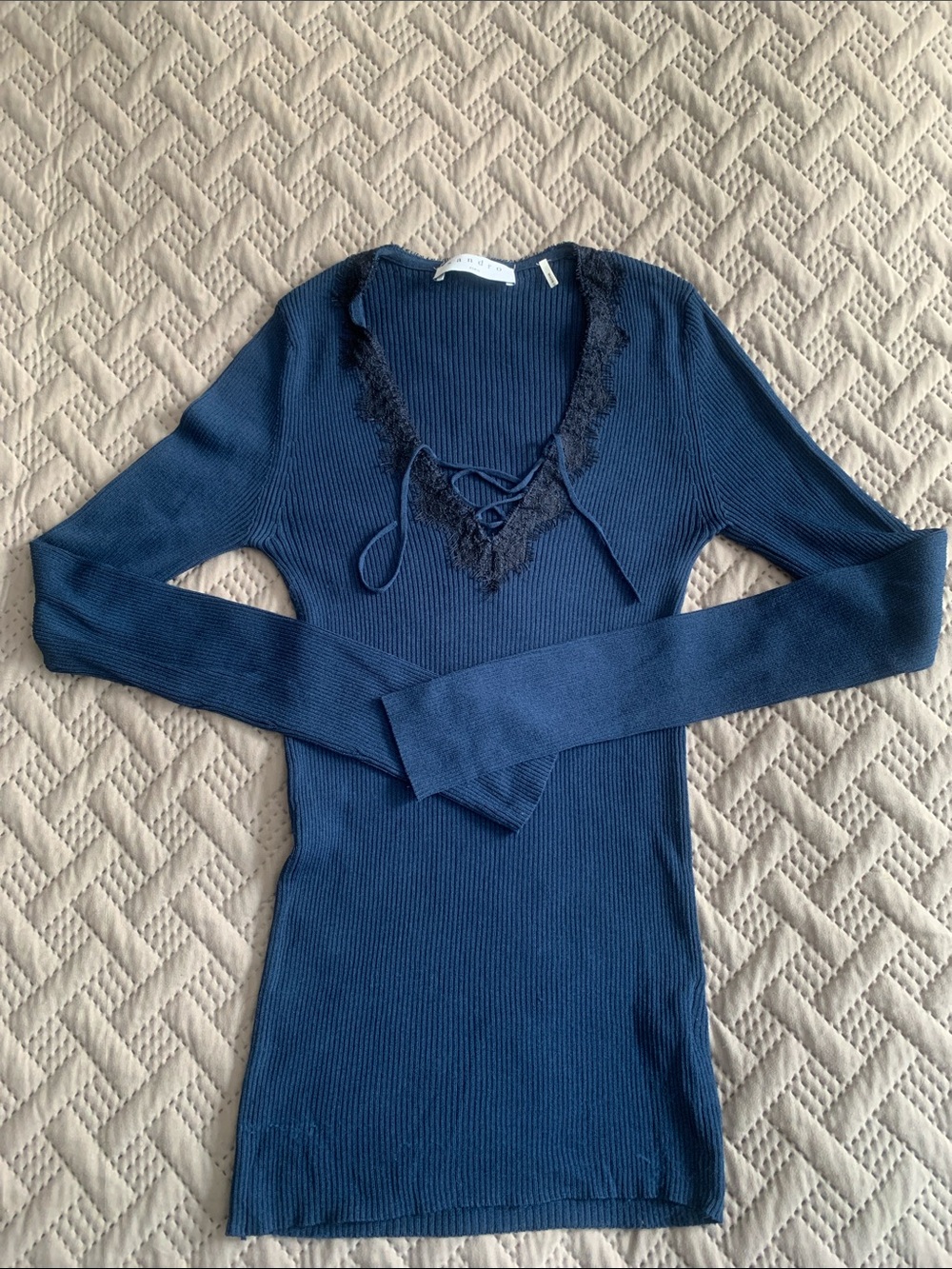 Ribbed V-Neck Lace-Trim Knit Top - Navy black lace laced up